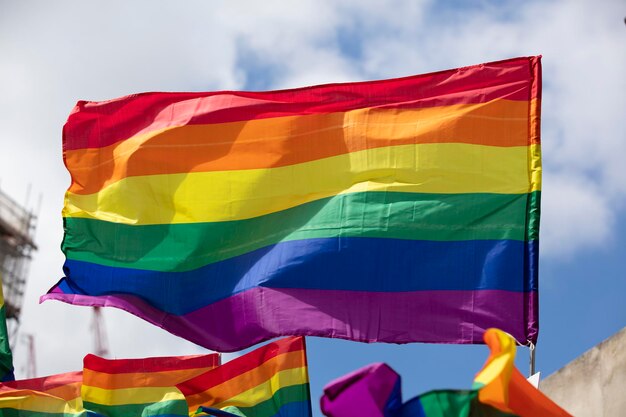 Uma Bandeira Do Arco Ris Do Orgulho Gay Lgbt Sendo Acenada Em Um