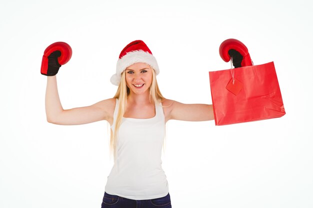 Premium Photo Festive Blonde Cheering With Boxing Gloves