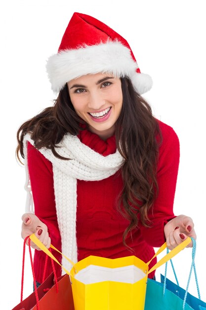 Premium Photo Festive Brunette Opening Shopping Bag