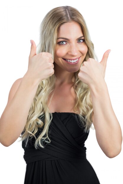 Premium Photo Gorgeous Blonde In Black Dress Thumbs Up