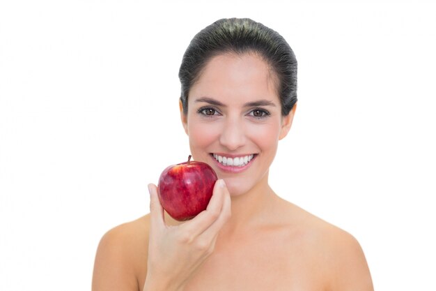 Premium Photo Smiling Bare Brunette Holding Red Apple