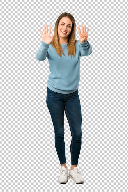 Premium PSD Blonde Woman With Blue Shirt Counting Nine With Fingers