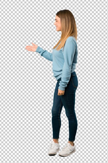 Premium PSD Blonde Woman With Blue Shirt Handshaking After Good Deal