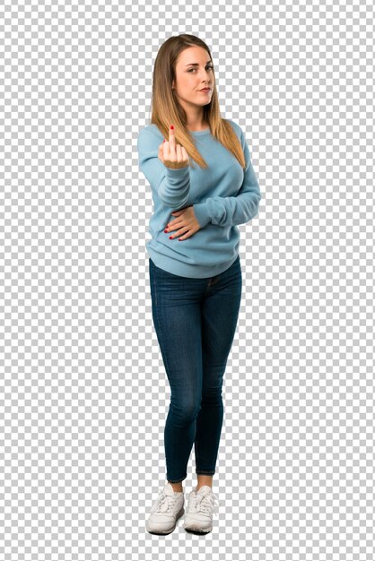 Premium Psd Blonde Woman With Blue Shirt Making Horn Gesture