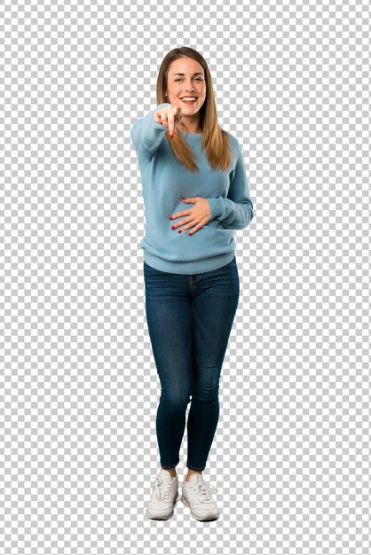 Premium PSD Blonde Woman With Blue Shirt Pointing With Finger At