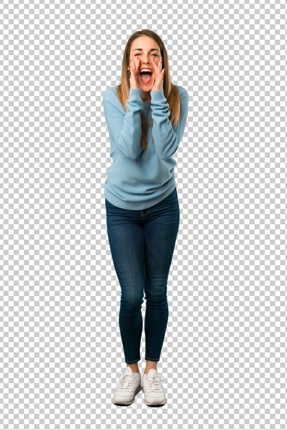 Premium Psd Blonde Woman With Blue Shirt Shouting And Announcing