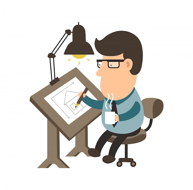 Premium Vector | Architect working on desk measuring. house project. draftsman flat illustration modern icon character . isolated on white