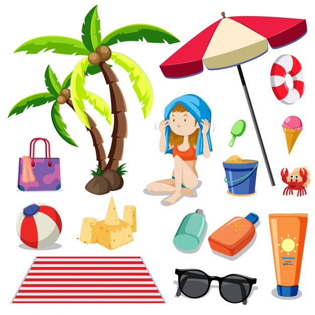 Bikini Girl And Beach Element Vector Premium