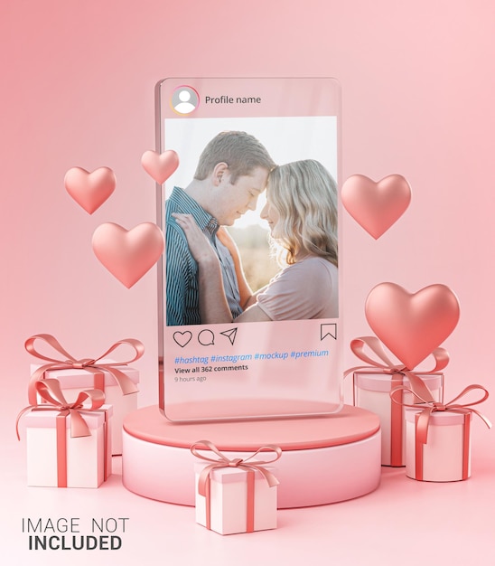 Download Instagram Post Mockup On Glass Template Valentine Wedding Love Heart Kształt I Pudełko | plik ...