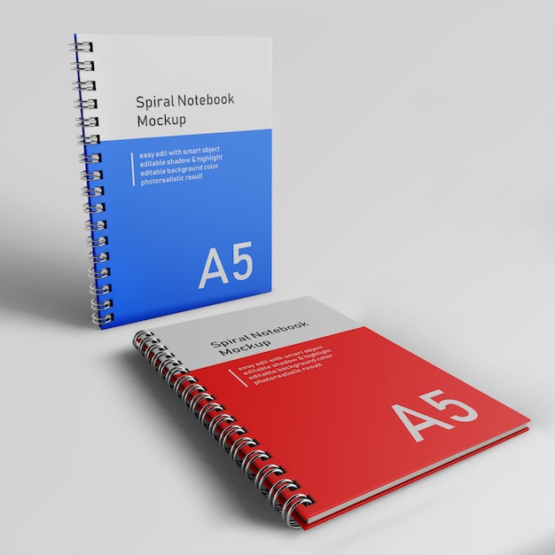 Realistyczne dwa office hard cover spiral binder notatnik mock up szablon projektu stojąc i odpoczynku z przodu widok perspektywy Premium Psd