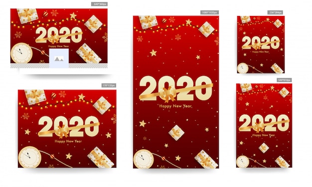 2020 szczęśliwego nowego roku transparent z pudełkami, zegarem ściennym, złotymi gwiazdami i girlandą oświetleniową Premium Wektorów