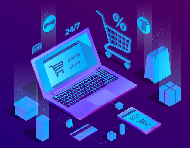3d izometryczny koncepcja e-commerce, sklep internetowy Darmowych Wektorów