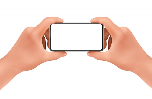 3d realistyczne ludzkie ręce trzymając smartfon do robienia zdjęć. Darmowych Wektorów