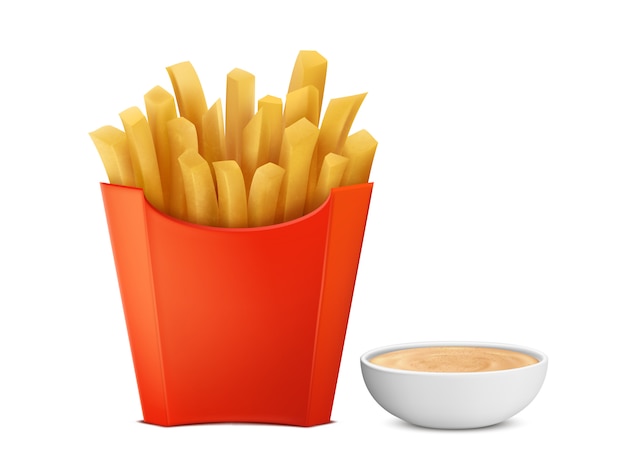 3d realistyczny francuz smaży w czerwonym papierowym pudełku, mayochup condiment w pucharze Darmowych Wektorów