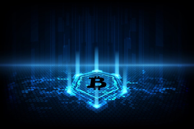 Abstrakcjonistyczny cyfrowy waluty bitcoin z blockchain tłem Premium Wektorów