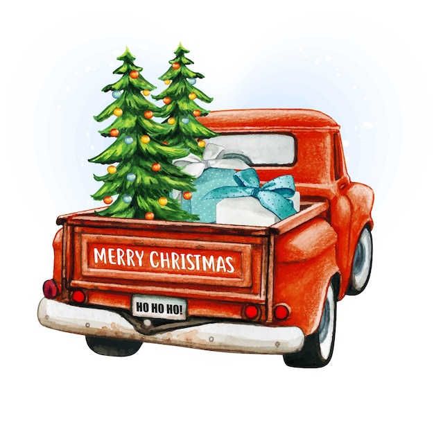 Akwarela Czerwony świąteczny Samochód Ciężarowy Z Drzewami