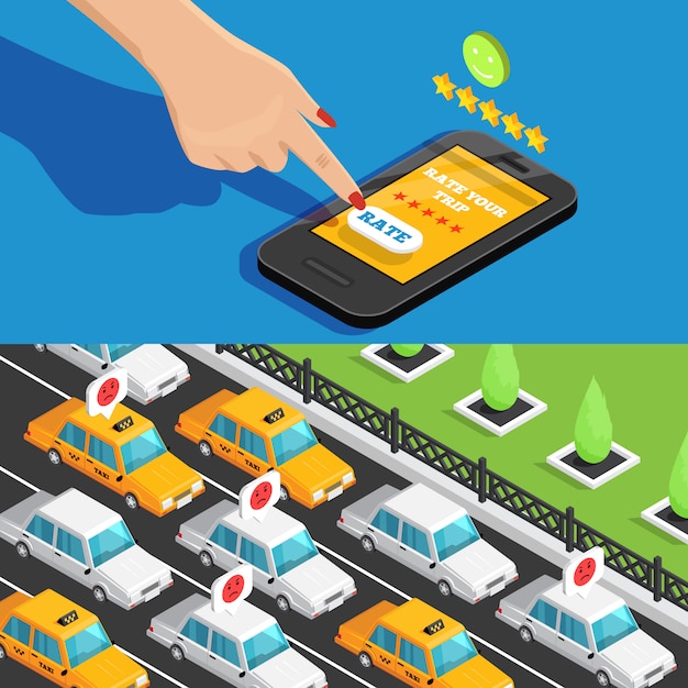 Aplikacja mobilna taxi serwis banery izometryczne Darmowych Wektorów
