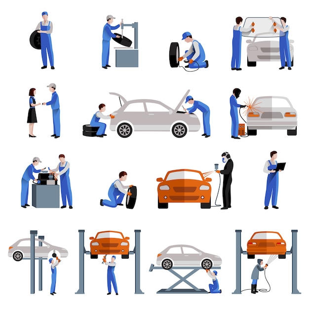 Auto mechanik samochodowy serwis naprawy i konserwacji ikon pracy Darmowych Wektorów