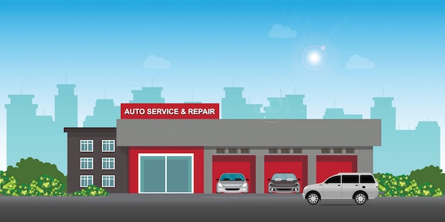Auto Serwis I Centrum Napraw Samochodów Lub Garaż Z Samochodami. Premium Wektorów