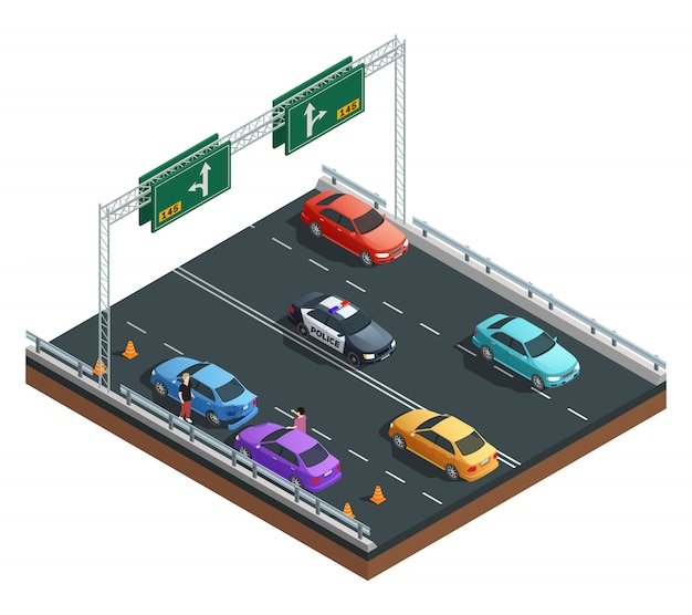 Auto wypadek wymaga dwa samochodów isometric skład na białej tło wektoru ilustraci Darmowych Wektorów