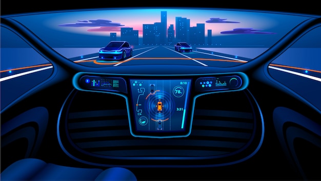 Autonomiczny samochód w mieście na autostradzie. wyświetlacz pokazuje informacje Premium Wektorów