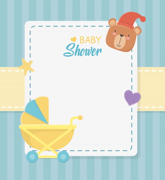 Baby shower kwadratowa karta z małym misiem i wózkiem dziecięcym Darmowych Wektorów