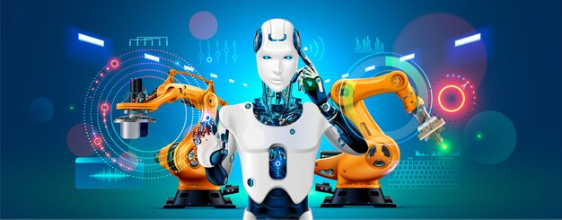 Baner koncepcji przemysłu 4.0. robot ze sterowaniem ai w inteligentnej fabryce Premium Wektorów
