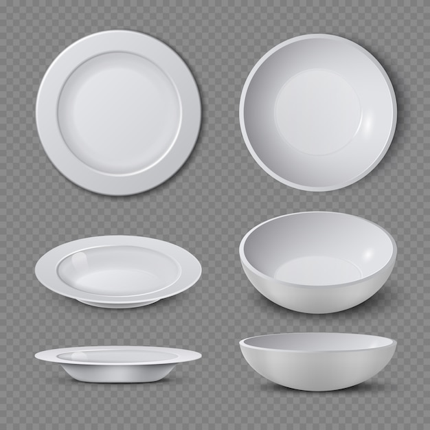 Biały pusty ceramiczny talerz w różnych punktach widzenia odizolowywał wektorową ilustrację. talerz i naczynie czyste do kuchni, naczynia porcelanowe Premium Wektorów