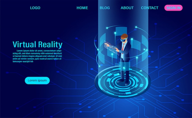 Biznesmen Jest Ubranym Gogle Vr Z Wzruszającym Interfejsem W Rzeczywistość Wirtualna świat. Technologia Przyszłości. Płaski Izometryczny. Szablon Nagłówka Internetowego. Ilustracji Wektorowych Płaskie Izometryczny Premium Wektorów