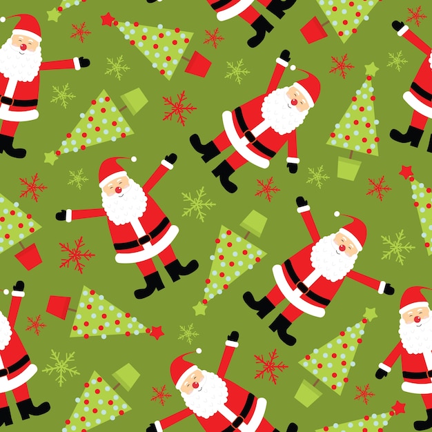 Bożenarodzeniowy Bezszwowy Wzór święty Mikołaj I Xmas Drzewo Na Zielonym Tle Premium Wektorów