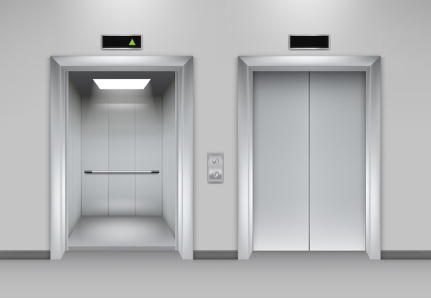 Budynek z drzwiami windowymi. fasada biura biznesowego wnętrze realistyczne zamykanie otwieranie drzwi winda chromowane metalowe guziki zdjęcia Premium Wektorów