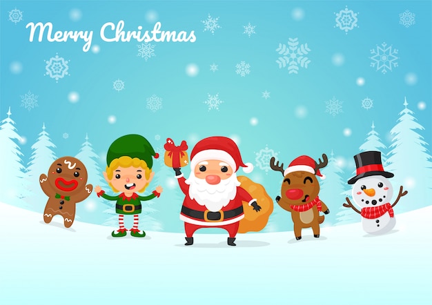 Cartoon christmas vector postacie z kreskówek świętego mikołaja, renifery, elfy i bałwany dają prezenty świąteczne. Premium Wektorów