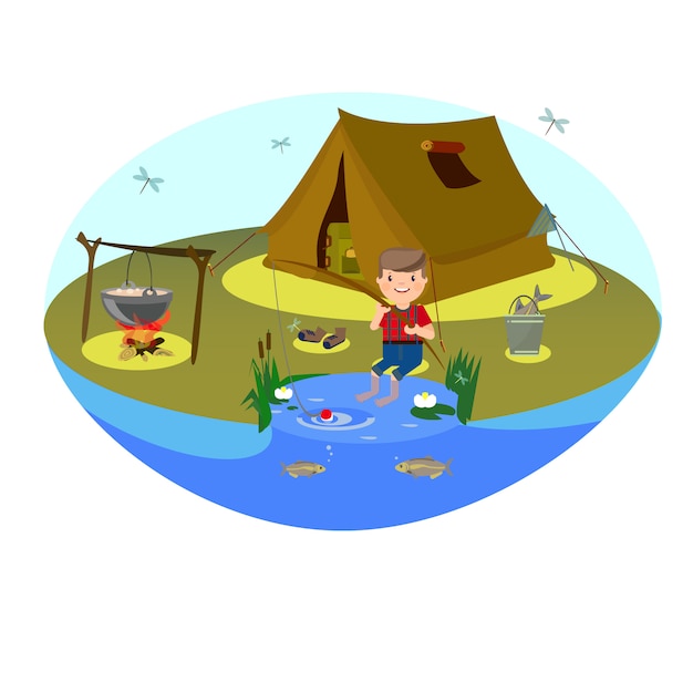 Chłopiec łowi na jeziorze. camping na polanie i ognisku Premium Wektorów