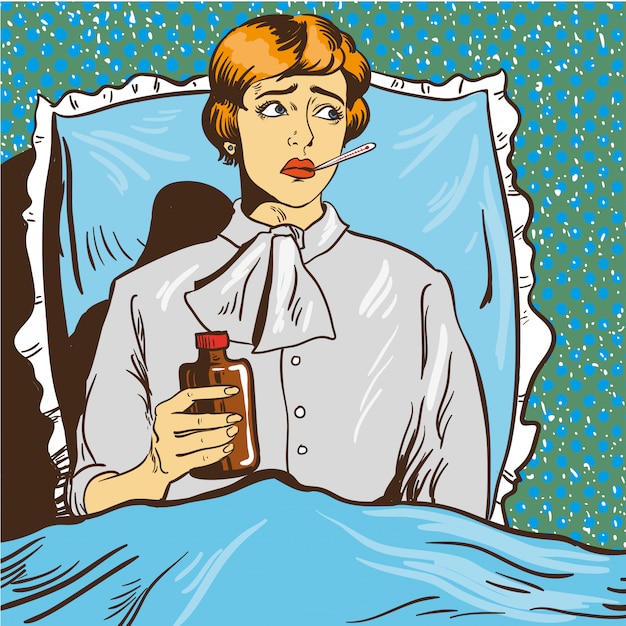 Chora Kobieta Z Gorączką Kładzie Się Na łóżku W Sali Szpitalnej. Dziewczyna Trzyma Termometr W Jej Usta. Ilustracja Komiks Stylu Pop-art Premium Wektorów