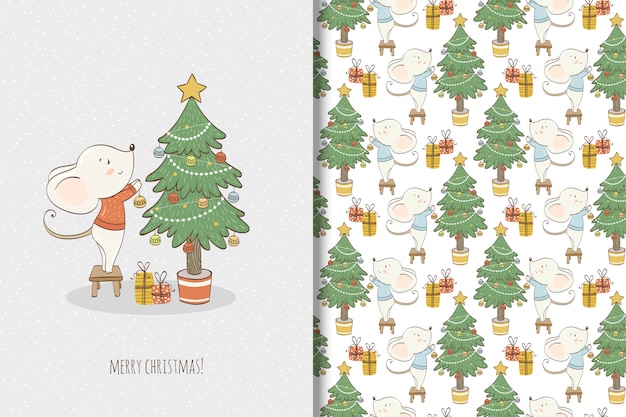 Cute little myszy ilustracji. kartka świąteczna i wzór Premium Wektorów