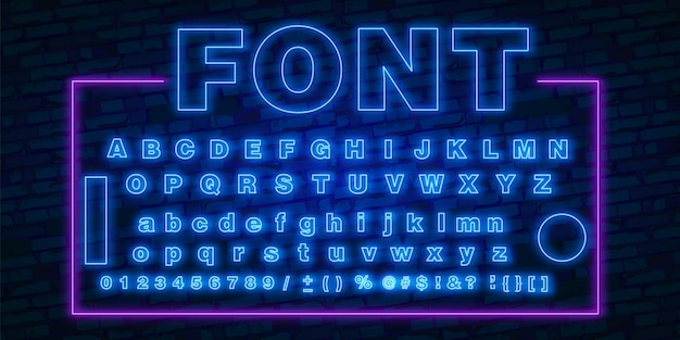 Czcionka neon, zestaw lat 80-tych światło świecące litery tekstu. znak ultrafioletowy abc. efekt świetlny uv o wysokiej szczegółowości alfabetu. kwas w stylu retro techno Premium Wektorów