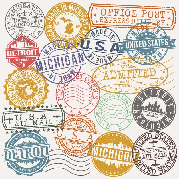 Detroit michigan zestaw wzorów znaczków podróży i firm Premium Wektorów