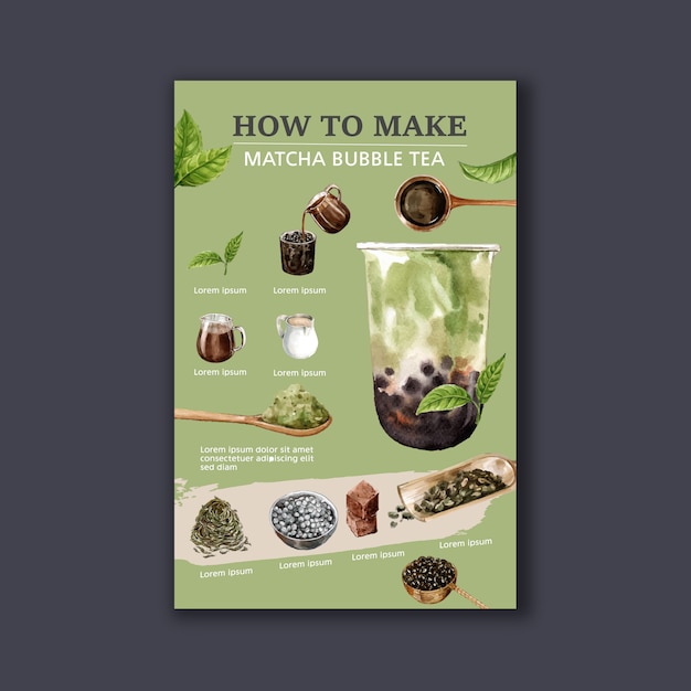 Dokonywanie matcha bubble mleka herbaty domowej roboty, treść reklamy nowoczesne, akwarela ilustracji Darmowych Wektorów