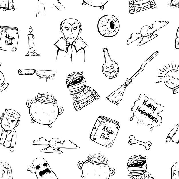 Doodle ikony halloween w szwu z charakterem i atrybutem halloween Premium Wektorów