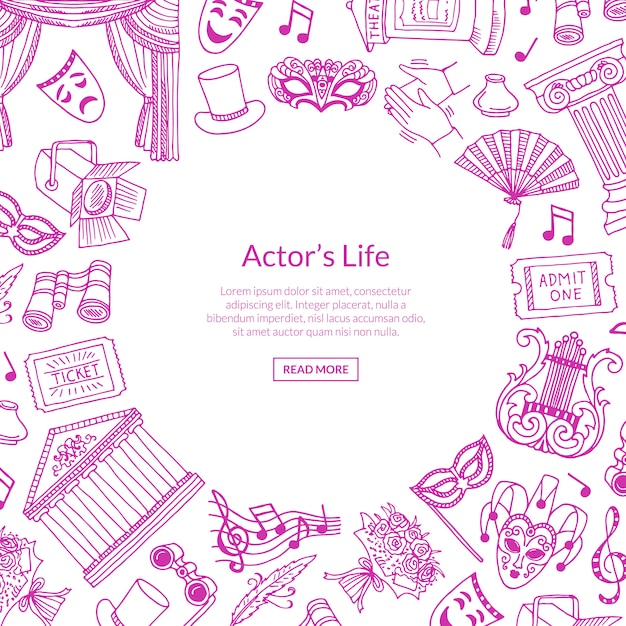 Doodle teatr elementy ilustracja tło z miejscem na tekst w centrum Premium Wektorów