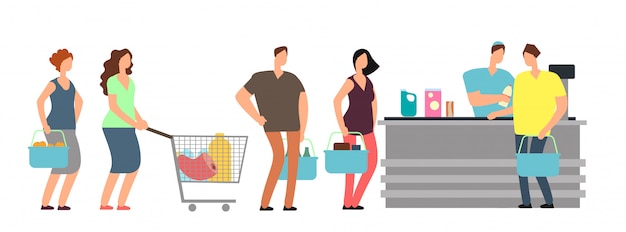 Duzi kolejka zakupy ludzie przy gotówkowym biurkiem z kasjerem w supermarket kreskówki wektoru ilustraci Premium Wektorów