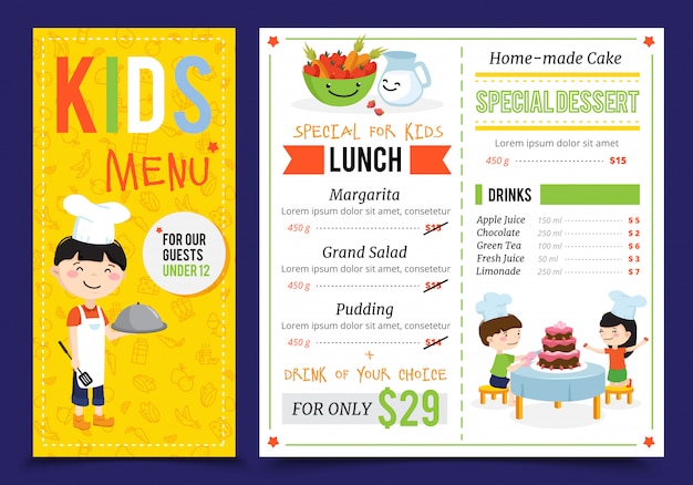 Dzieci gotuje ilustracyjnego menu z płaskimi grafika doodle stylu dzieci gotują charaktery i editable menu elementów wektoru ilustrację Darmowych Wektorów