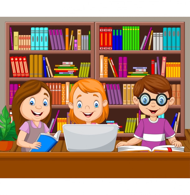 Dzieci kreskówki studiuje w bibliotece Premium Wektorów