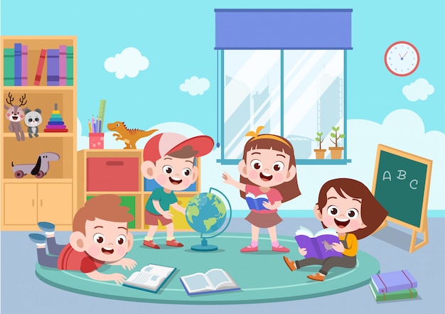 Dzieci uczą się razem ilustracji wektorowych Premium Wektorów