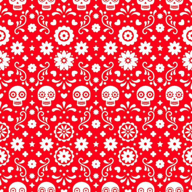 Dzień zmarłych szwu z czaszkami i kwiatami na czerwonym tle. tradycyjny meksykański projekt halloween na przyjęcie świąteczne dia de los muertos. ornament z meksyku. Premium Wektorów