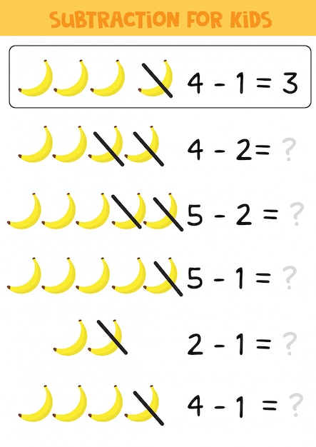 Edukacyjna gra matematyki dla dzieci, odejmowanie z bananami platano Premium Wektorów