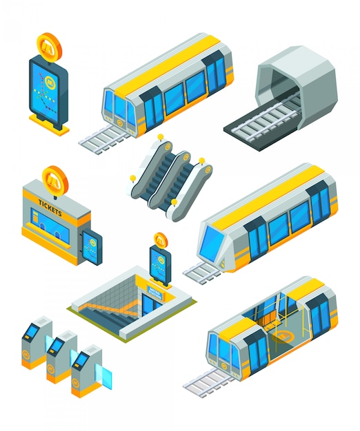 Elementy Metra Metra. Wejściowe Elektryczne Bramy I Znaki Tunel Kolejowy Z Ruchomymi Nowoczesnymi Stacjami Metra Izometryczne Zdjęcia 3d Premium Wektorów