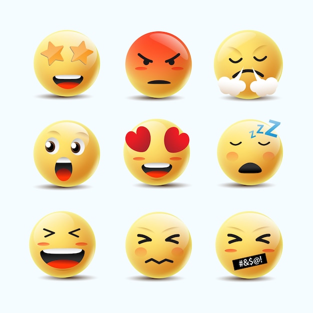 Emoji feeling faces vector. komunikat czat elementy w żółtej bańki twarzy 3d bańki. Premium Wektorów