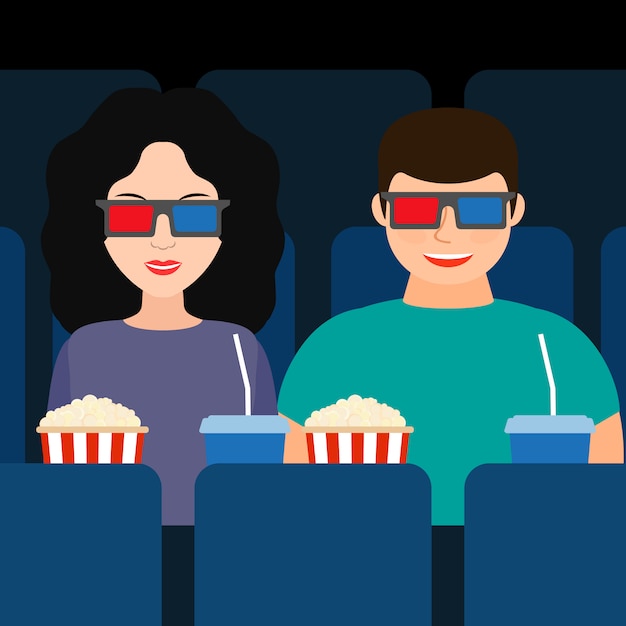 Facet i dziewczyna w kinie w okularach 3d z popcornem i napojami Premium Wektorów