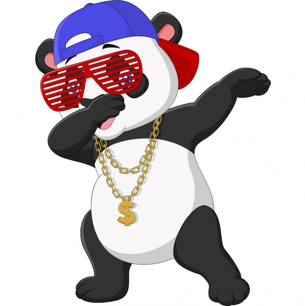 Fajny Taniec Panda, Noszący Okulary Przeciwsłoneczne, Kapelusz I Złoty Naszyjnik Premium Wektorów